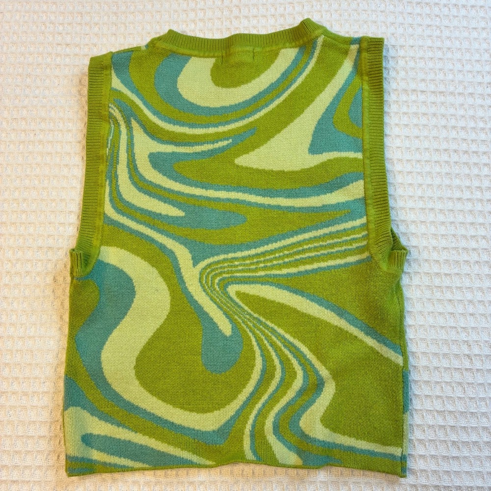 Garage Green Psychedelic Swirl Knit Sweater Vest XS Crew Neck Sleeveless Top - Picture 2 of 5